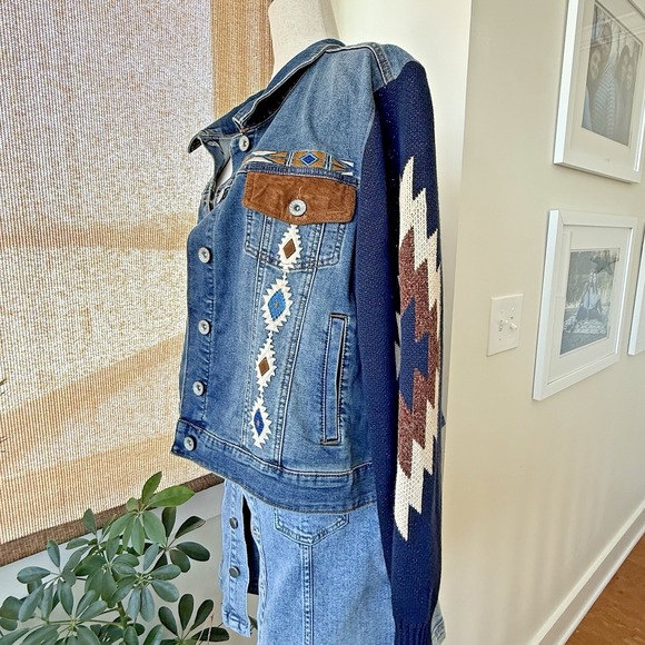 Scully Denim Jacket 2XL Aztec Embroidered Knit Sleeve Western Boho Stretch - Picture 6 of 12